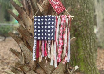 red, white, and blue ribbons hanging from a dowel in the shape of a flag